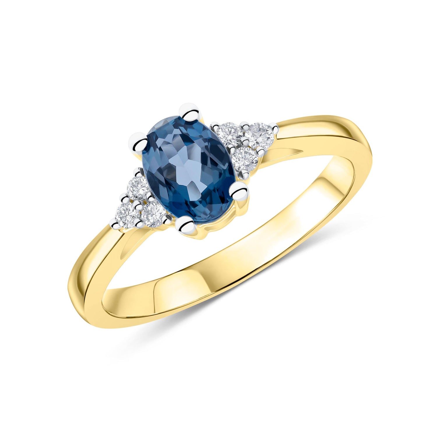 9ct Yellow & White Gold Oval London Blue Topaz & Diamond Trefoil Shoulder Ring — 7x5mm