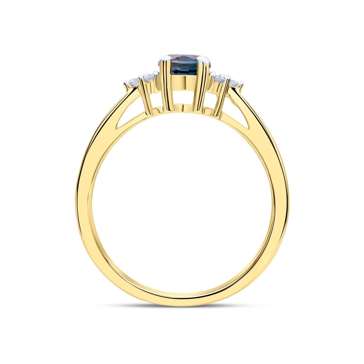 9ct Yellow & White Gold Oval London Blue Topaz & Diamond Trefoil Shoulder Ring — 7x5mm