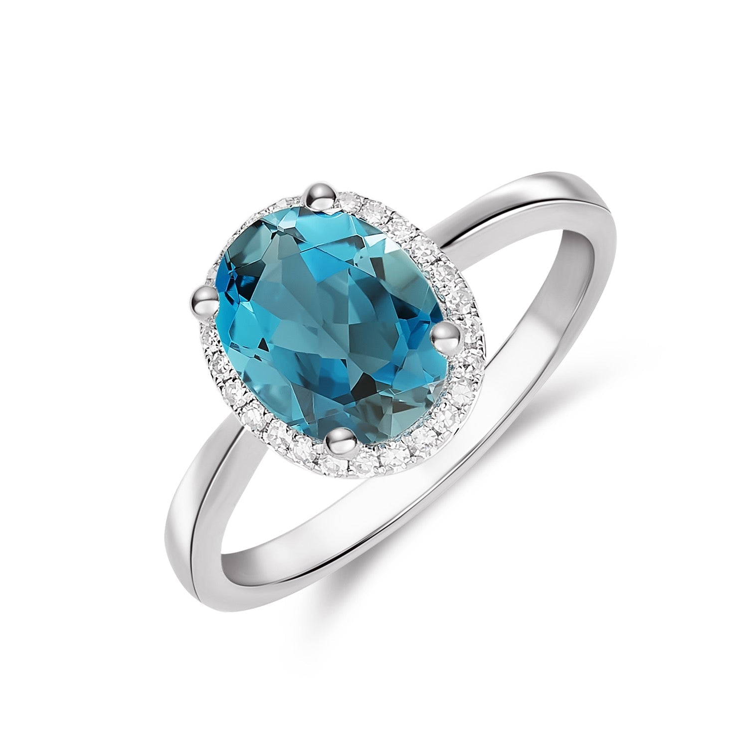 9ct White Gold Oval Natural London Blue Topaz and Diamond Cluster Ring — 9x7mm