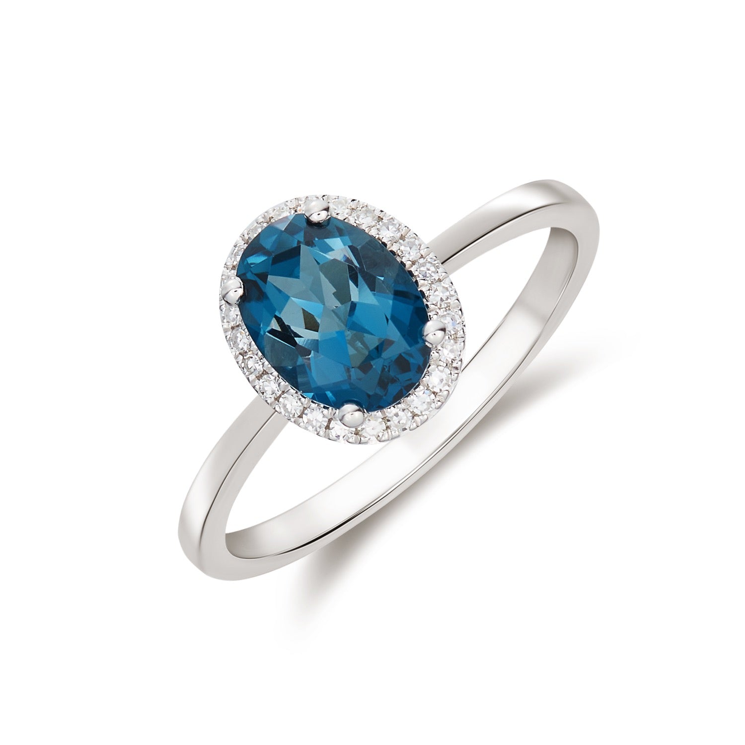 9ct White Gold Oval Natural London Blue Topaz and Diamond Cluster Ring — 8x6mm