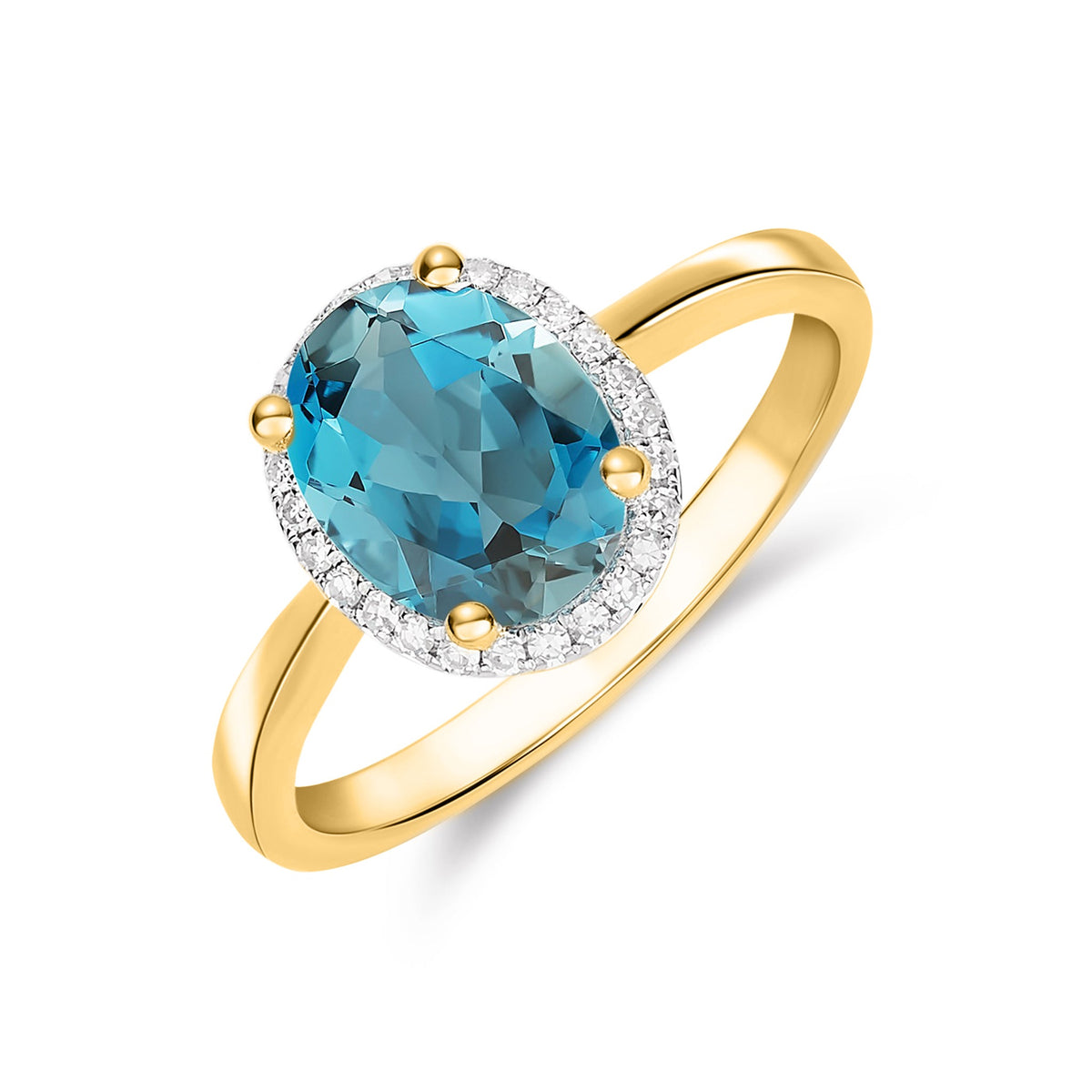 9ct Yellow Gold Oval Natural London Blue Topaz & Natural Diamond Cluster Ring — 9×7mm