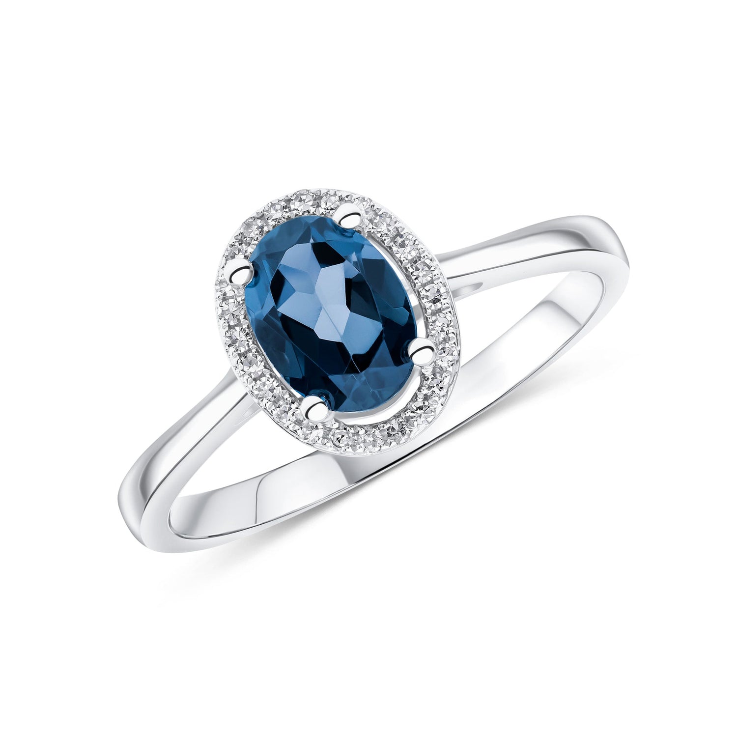 9ct White Gold Oval Natural London Blue Topaz and Diamond Halo Cluster Ring — 7x5mm