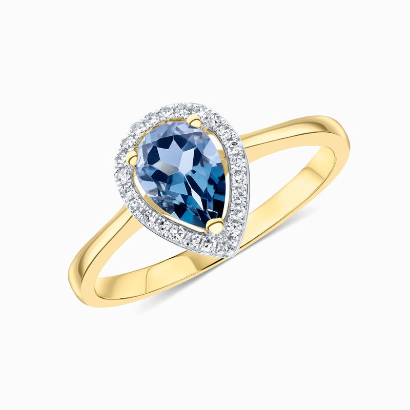 9ct Yellow Gold Pear Shaped Natural London Blue Topaz & Natural Diamond Halo Cluster Ring — 7×5mm