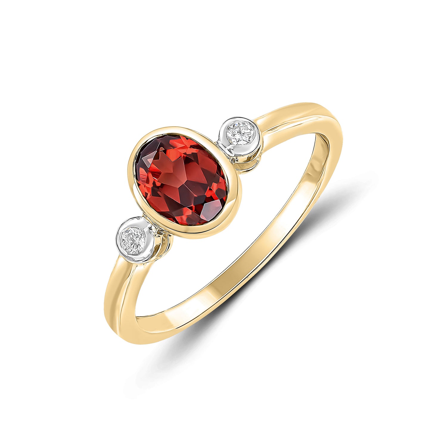 9ct Yellow Gold Oval Natural Garnet and Diamond Three Stone Rubover Ring