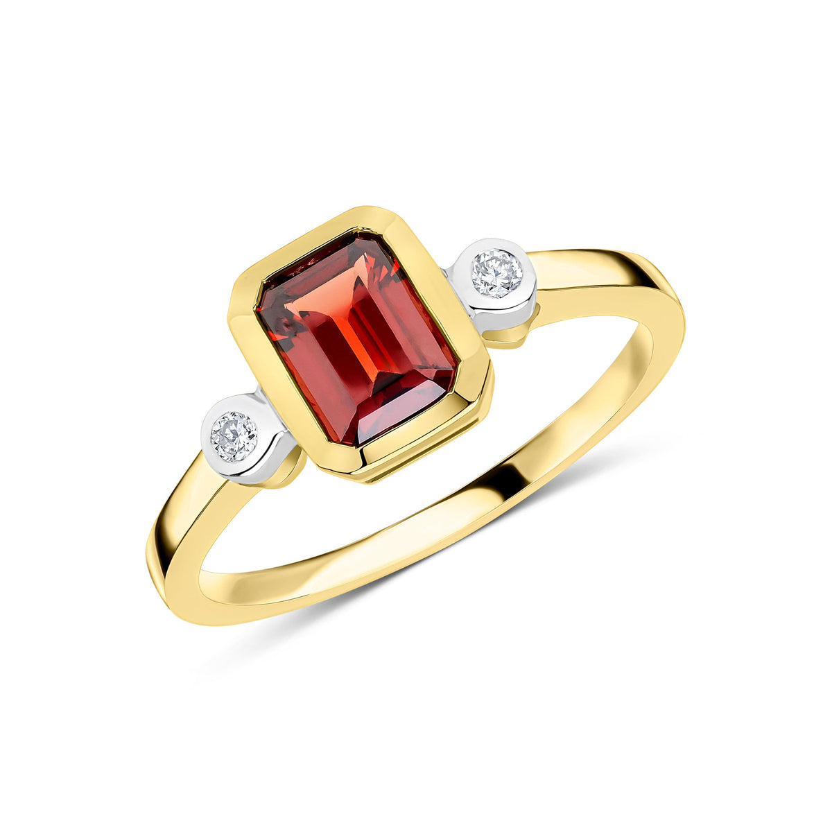 9ct Yellow Gold Octagonal Emerald Cut Natural Garnet and Diamond Three Stone Ring