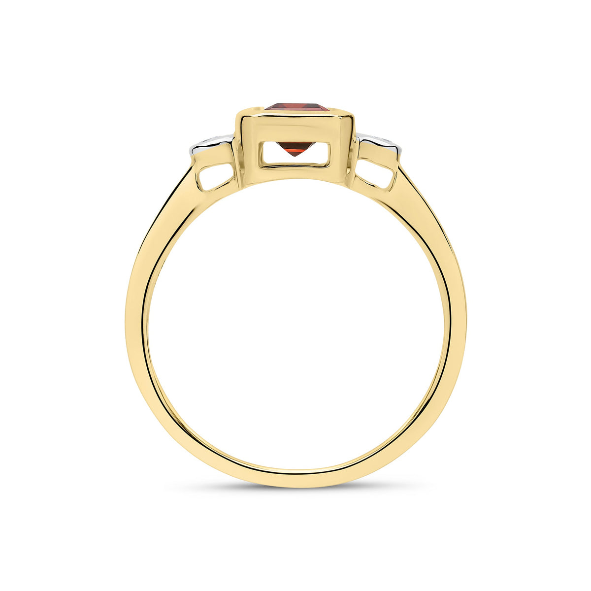 9ct Yellow Gold Octagonal Emerald Cut Natural Garnet and Diamond Three Stone Ring