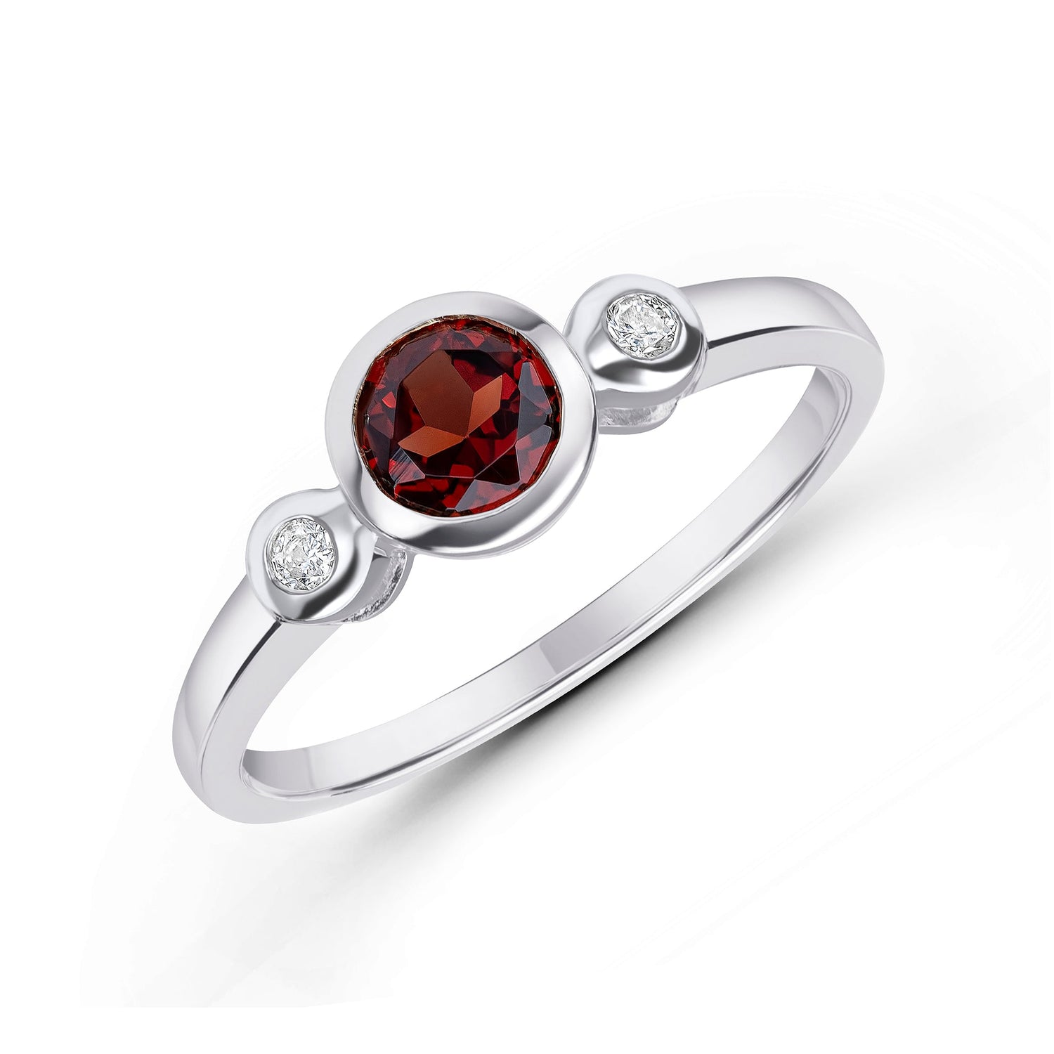 9ct White Gold Round Garnet and Diamond Rubover Three Stone Ring — 5mm