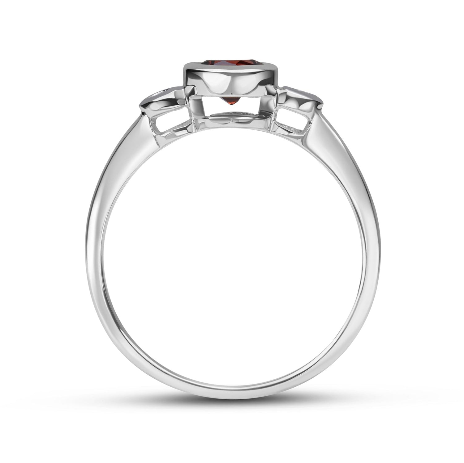 9ct White Gold Round Garnet and Diamond Rubover Three Stone Ring — 5mm