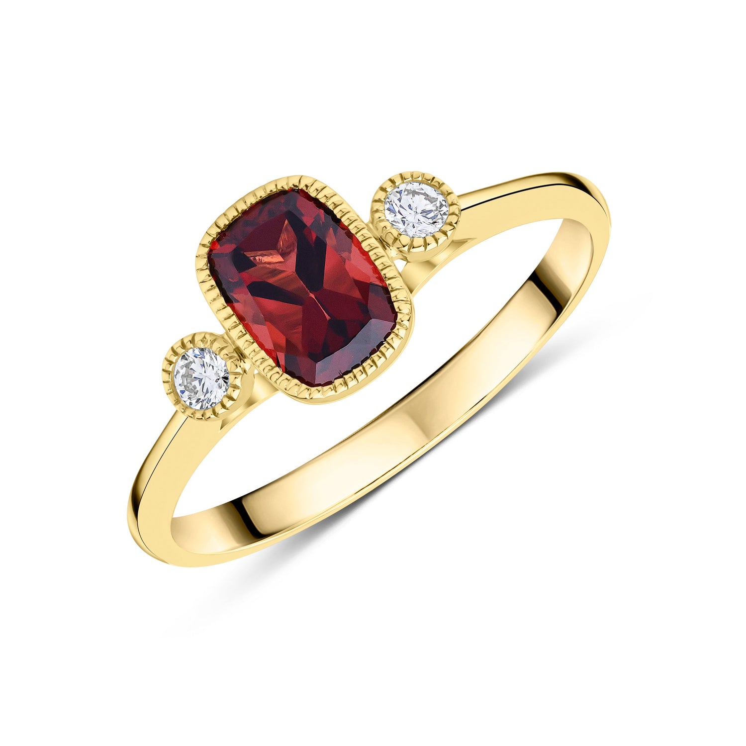 9ct Yellow Gold Cushion Garnet & Round Diamond Millegrain Set Three Stone Ring — 7x5mm