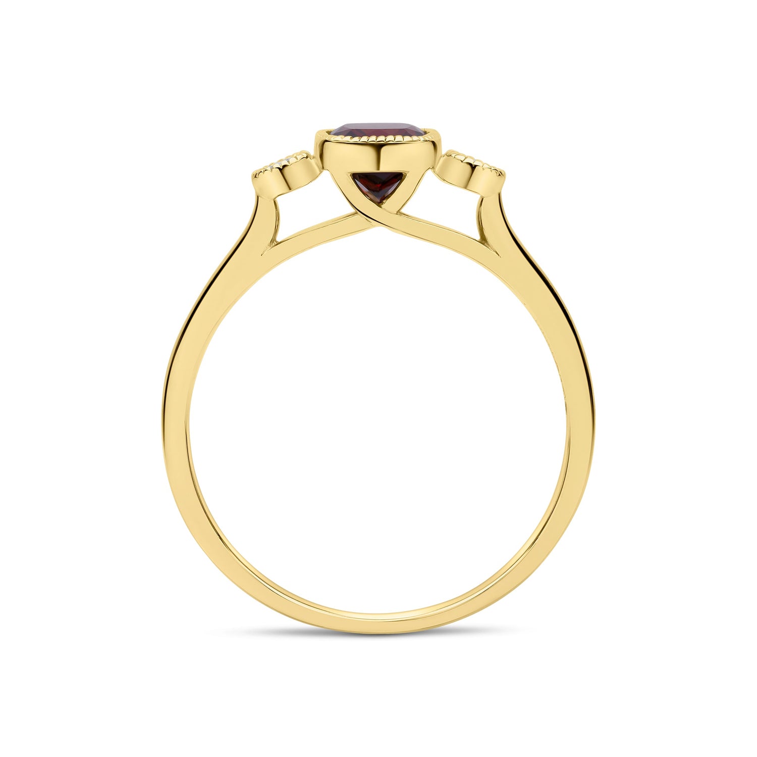 9ct Yellow Gold Cushion Garnet & Round Diamond Millegrain Set Three Stone Ring — 7x5mm