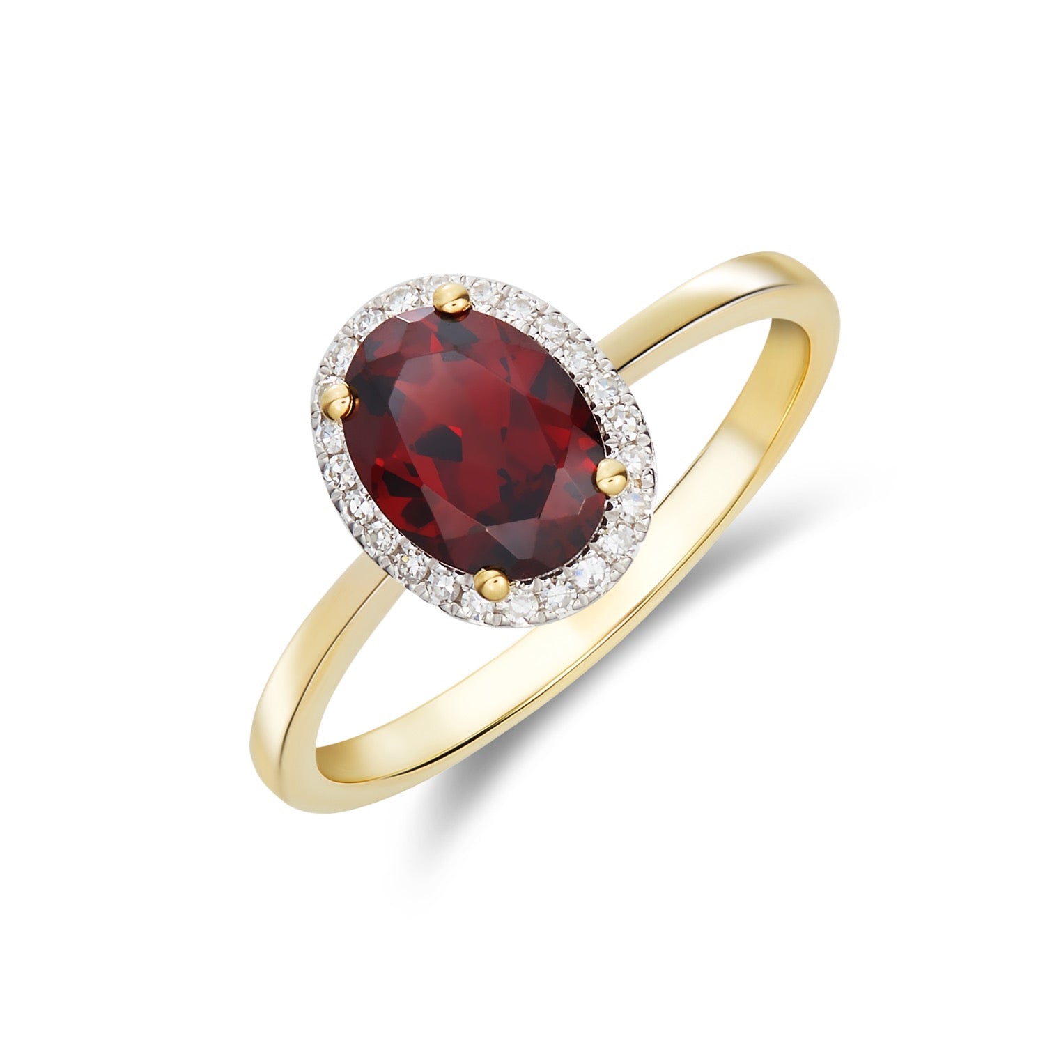 9ct Yellow Gold Oval Garnet & Diamond Claw Set Cluster Ring — 8x6mm