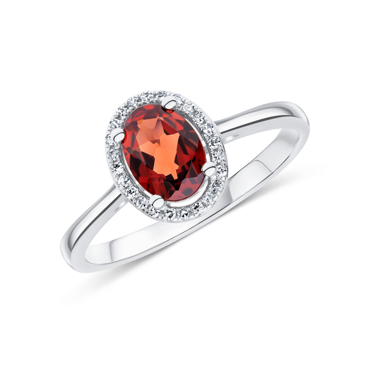 9ct White Gold Oval Natural Garnet and Diamond Halo Cluster Ring — 7x5mm