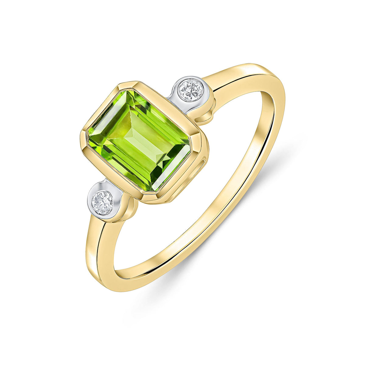 9ct Yellow Gold Octagonal Emerald Cut Natural Peridot and Diamond Three Stone Ring