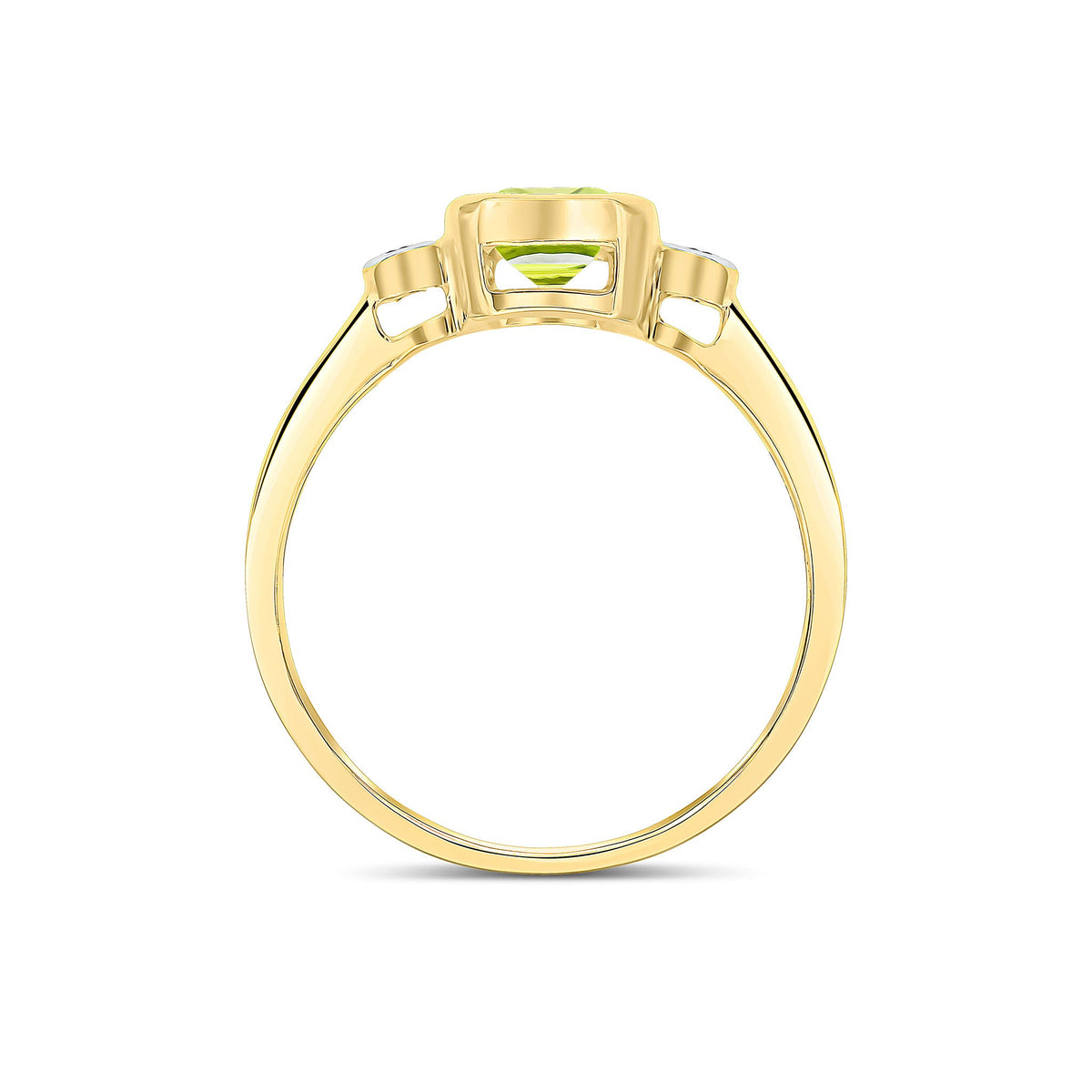 9ct Yellow Gold Octagonal Emerald Cut Natural Peridot and Diamond Three Stone Ring