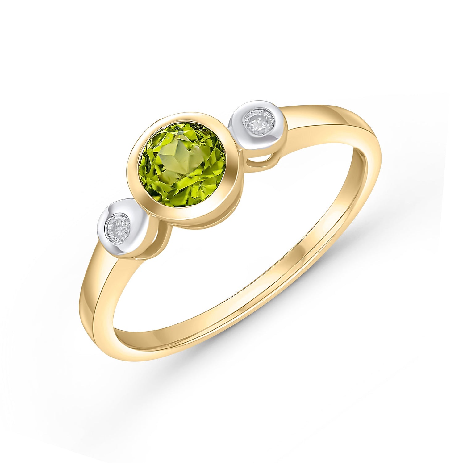 9CT Yellow Gold Round Peridot & Diamond Rubover Three Stone Ring 5mm