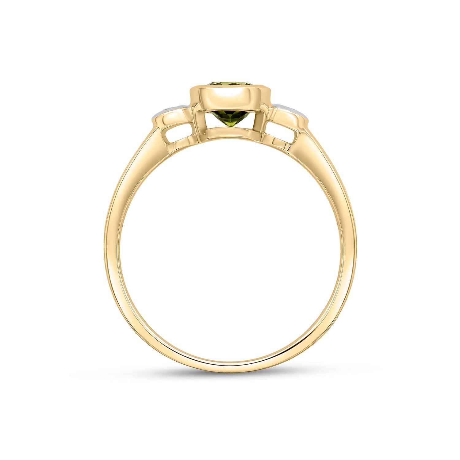 9CT Yellow Gold Round Peridot & Diamond Rubover Three Stone Ring 5mm