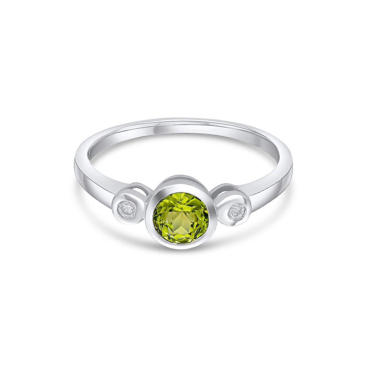 9ct White Gold Round Natural Peridot and Diamond Rubover Three Stone Ring