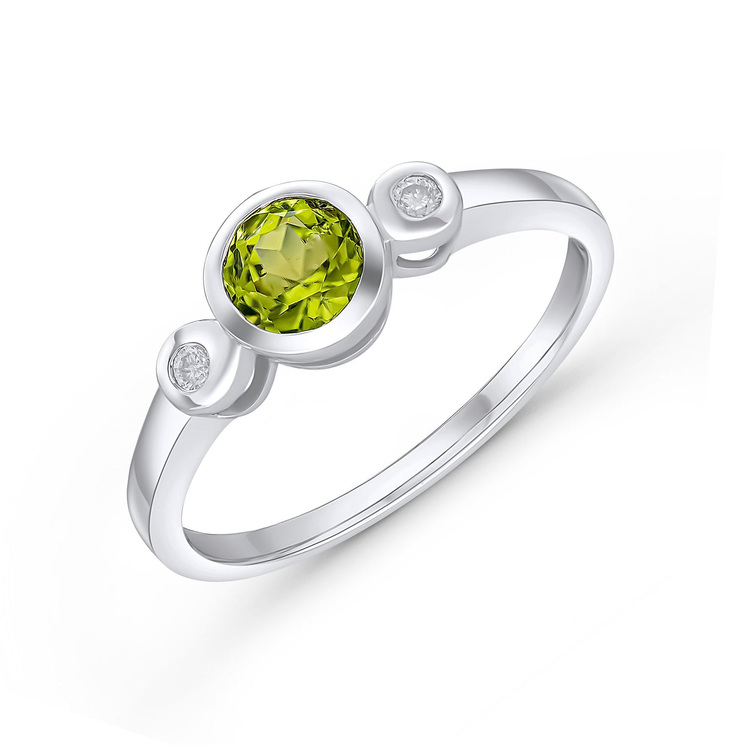 9ct White Gold Round Natural Peridot and Diamond Rubover Three Stone Ring — 5mm