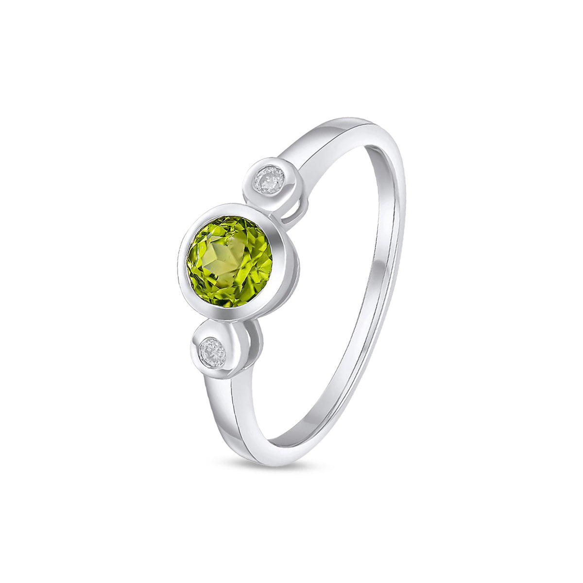 9ct White Gold Round Natural Peridot and Diamond Rubover Three Stone Ring