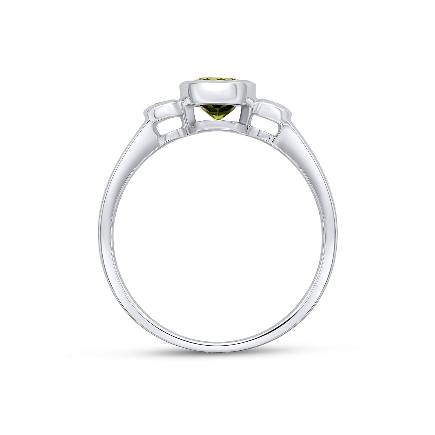 9ct White Gold Round Natural Peridot and Diamond Rubover Three Stone Ring — 5mm
