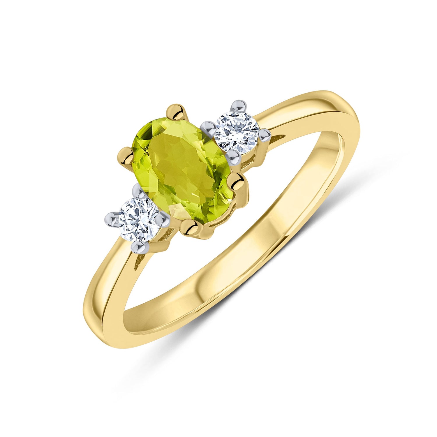 9ct Yellow Gold Oval Natural Peridot and Round Diamond Three Stone Ring — 7x5mm