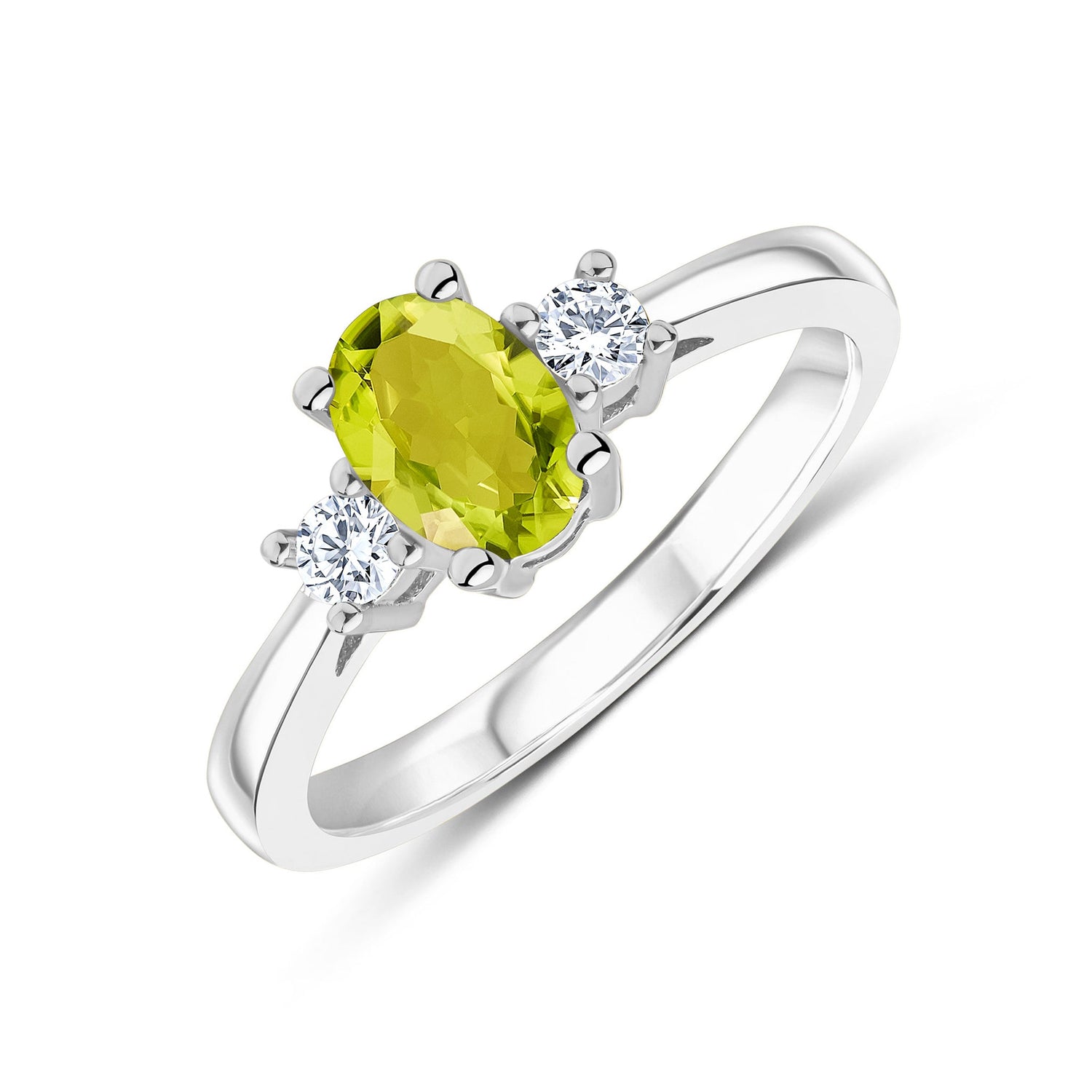 9CT White Gold Oval Peridot & Round Diamond Claw Set Three Stone Ring 7x5mm