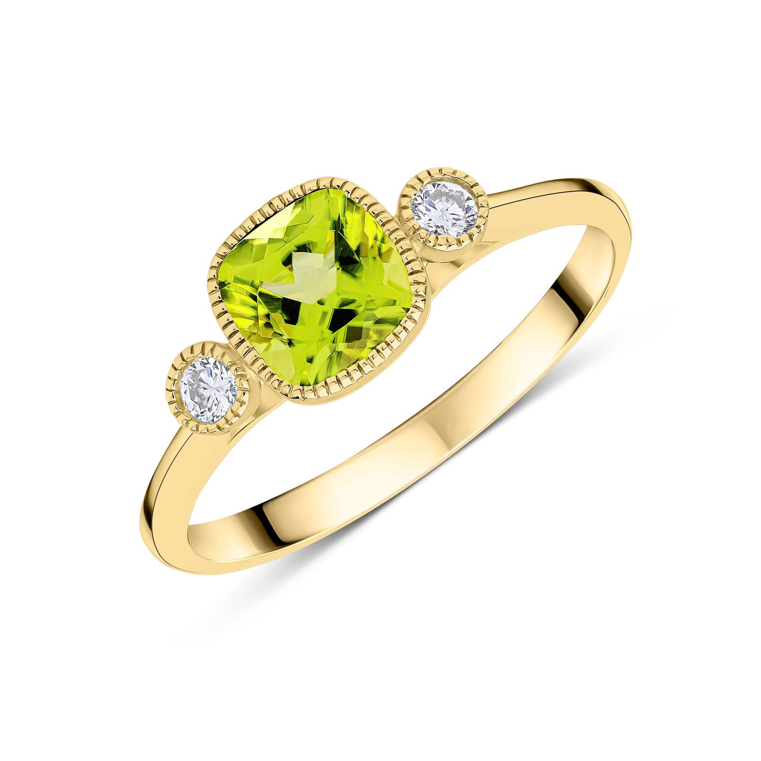9CT Yellow Gold Millegrain Cushion Peridot & Round Diamond Three Stone Ring 6mm