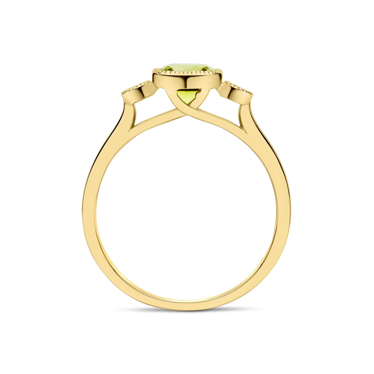 9CT Yellow Gold Millegrain Cushion Peridot & Round Diamond Three Stone Ring 6mm