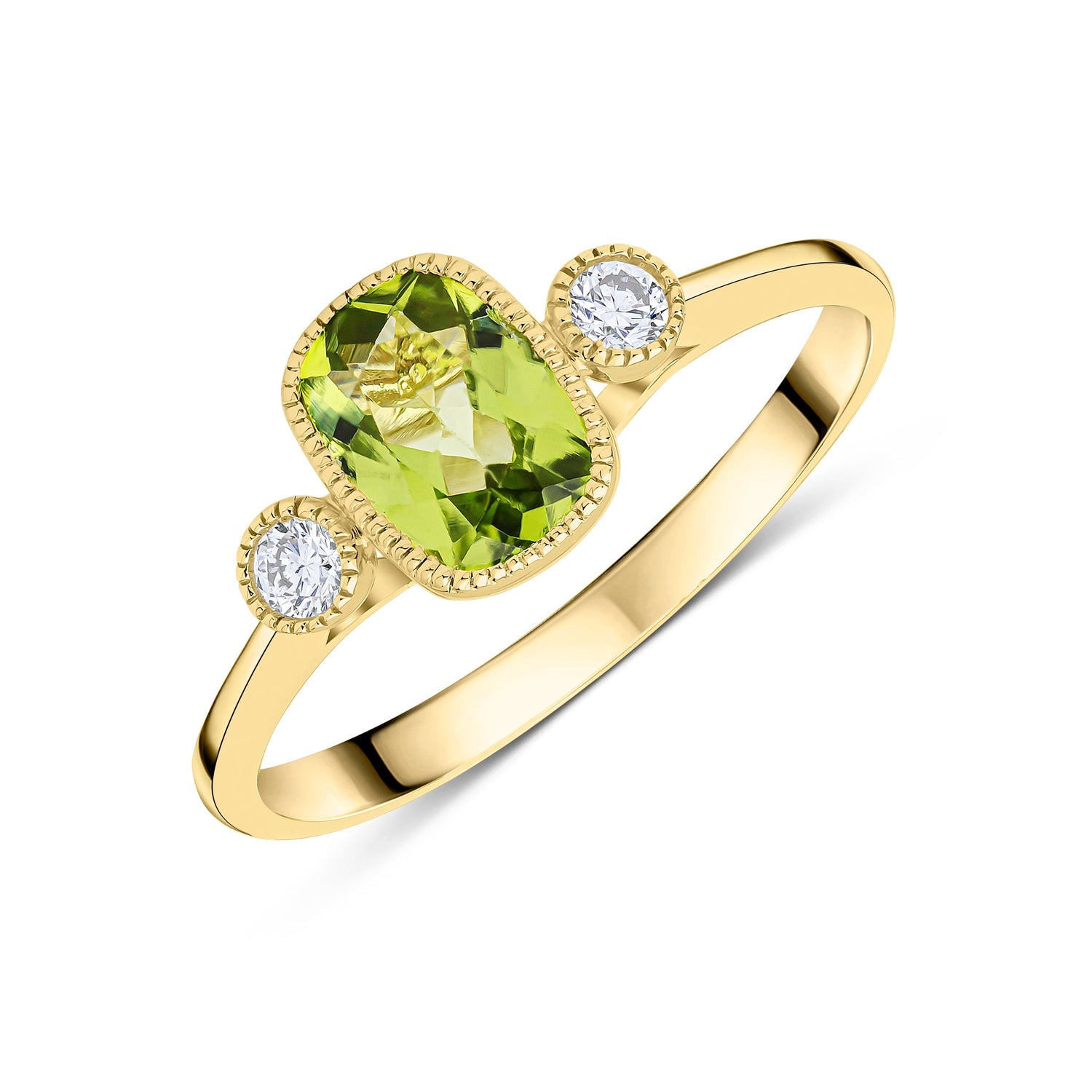 9CT Yellow Gold Millegrain Octagonal Cushion Peridot & Round Diamond Three Stone Ring 7x5mm