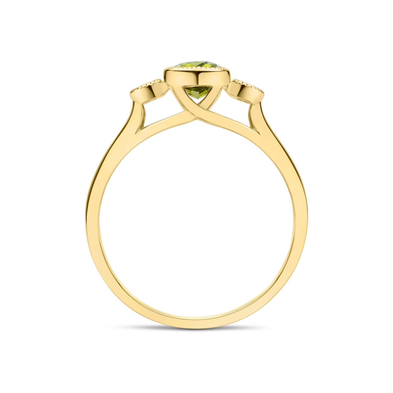 9CT Yellow Gold Millegrain Octagonal Cushion Peridot & Round Diamond Three Stone Ring 7x5mm