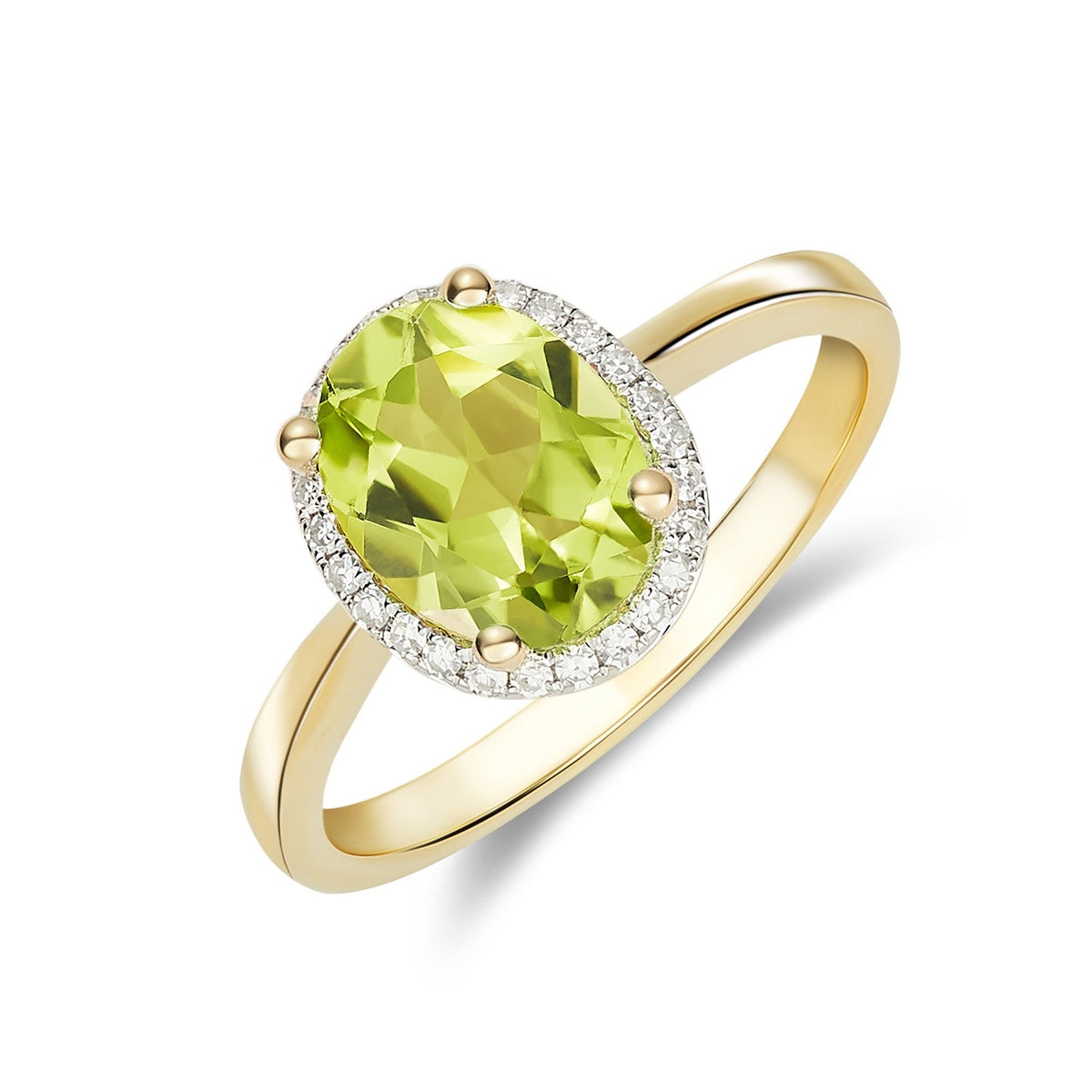 9ct Yellow Gold Oval Natural Peridot and Diamond Cluster Ring — 9x7mm