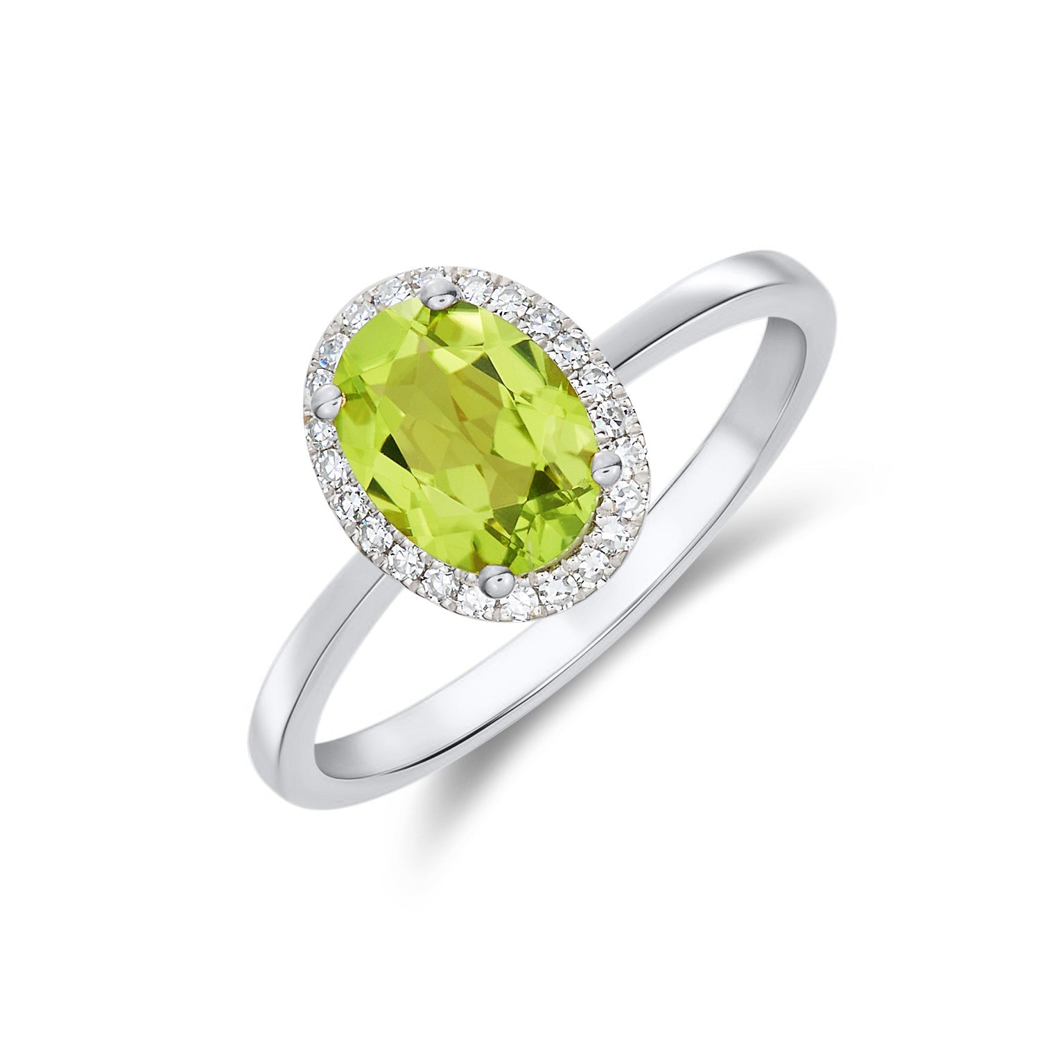 9ct White Gold Oval Natural Peridot and Diamond Cluster Ring — 8x6mm