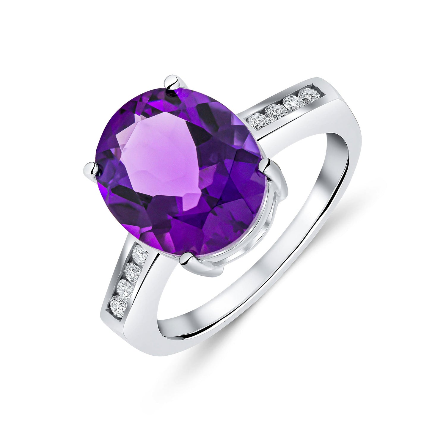 9ct White Gold Oval Natural Amethyst Claw Set Ring with Channel Set Diamond Shoulders — 12x10mm