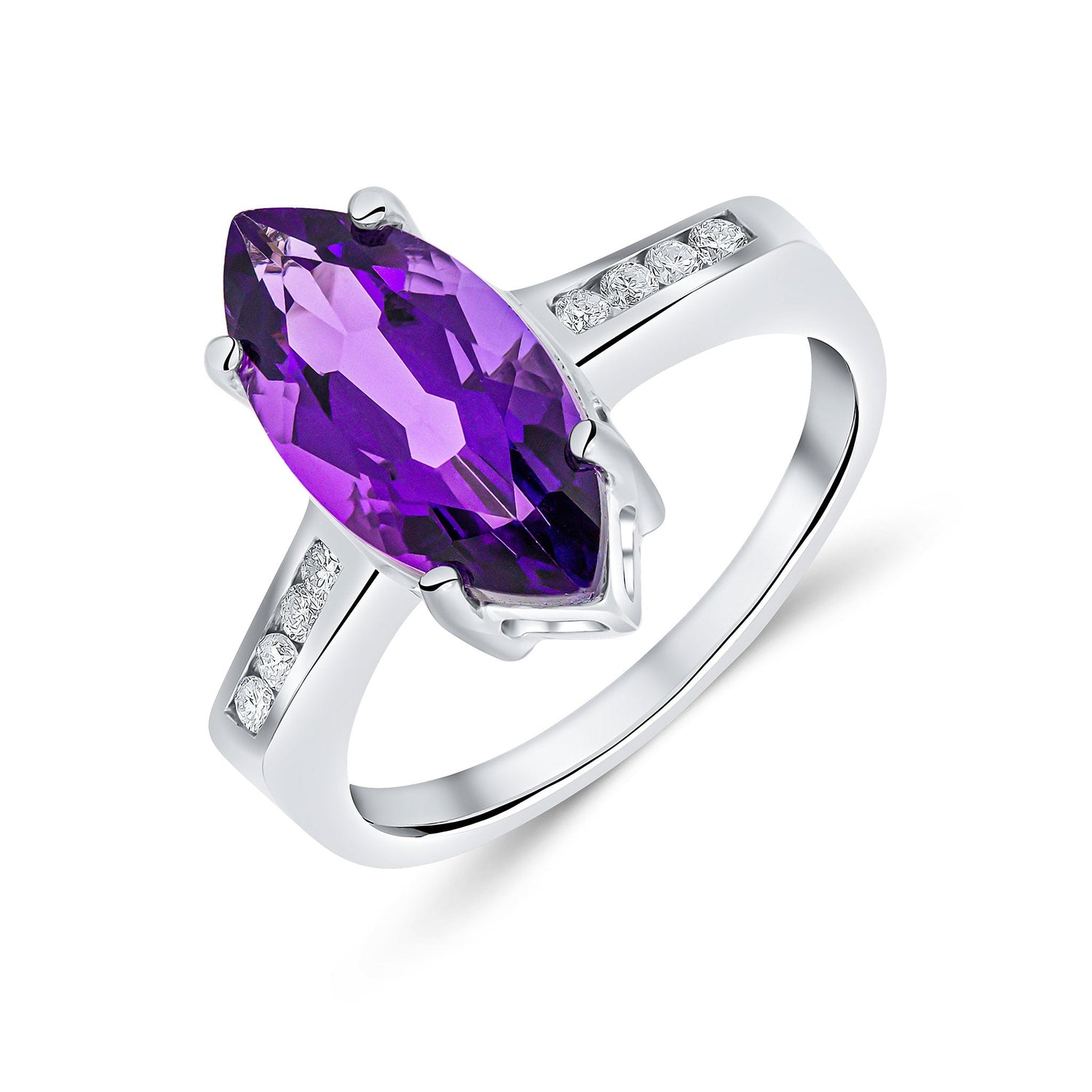 9ct White Gold Natural Marquise Amethyst Ring with Channel Set Diamond Shoulders — 15x7mm