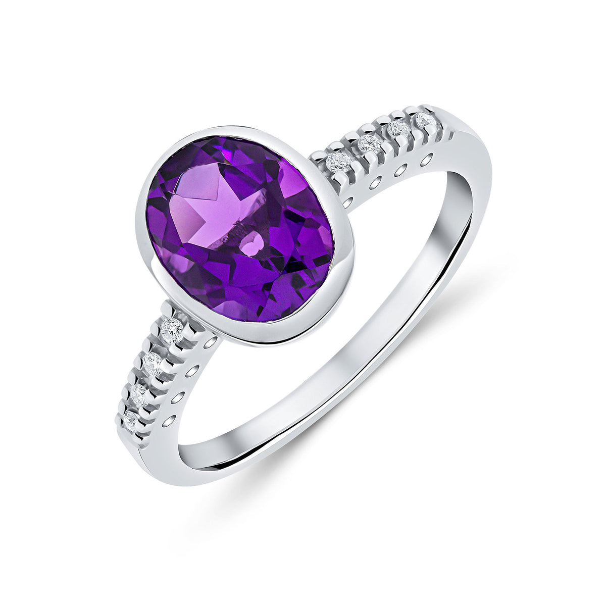9ct White Gold Oval Natural Amethyst and Diamond Ring — 9x7mm