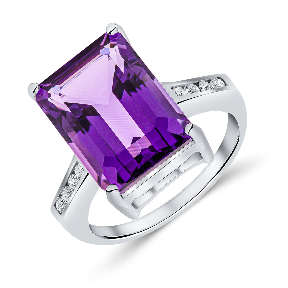 9ct White Gold Octagonal Emerald Cut Natural Amethyst Claw Set Ring with Channel Set Diamond Shoulders — 14x10mm