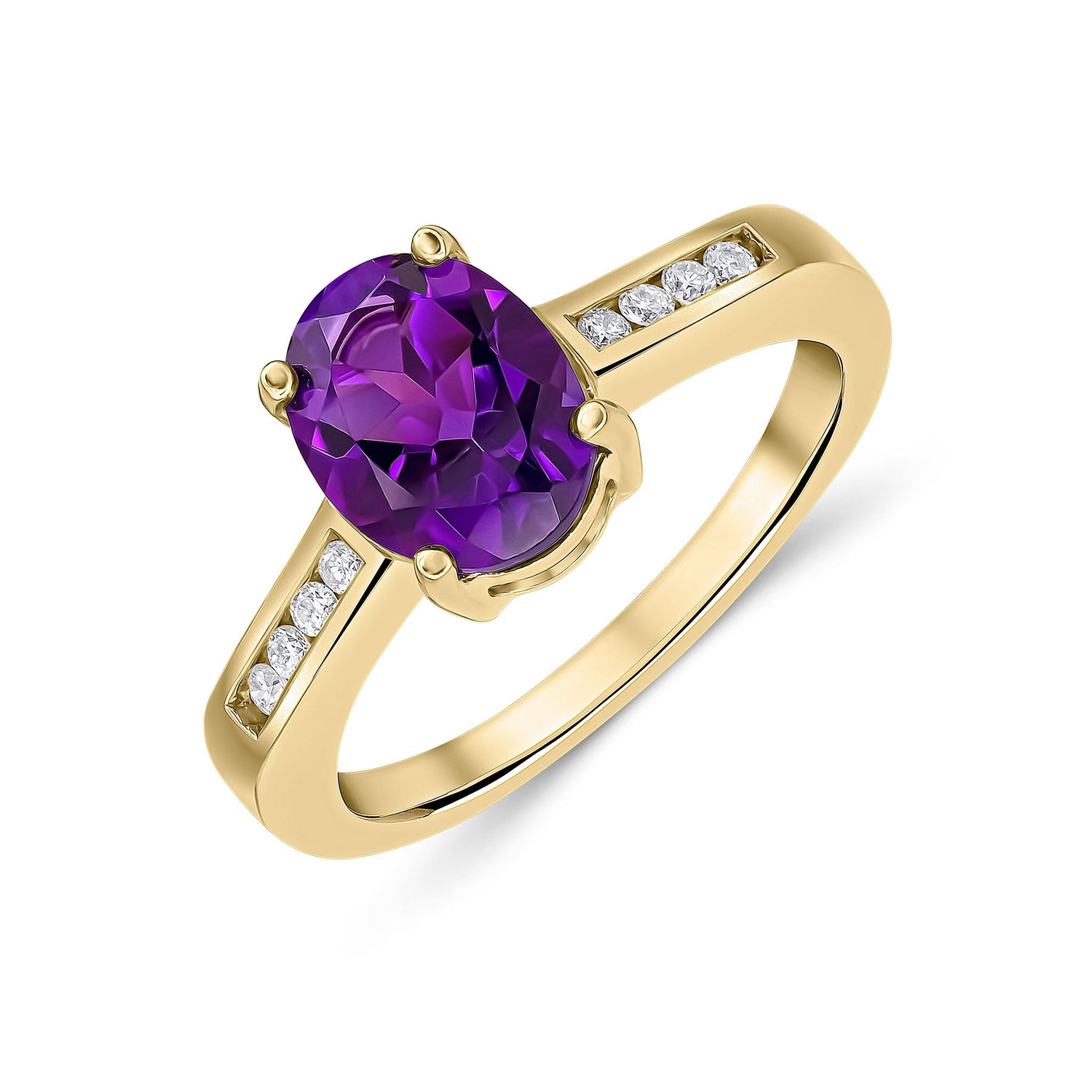 9ct Yellow Gold Oval Natural Amethyst and Diamond Ring — 9x7mm