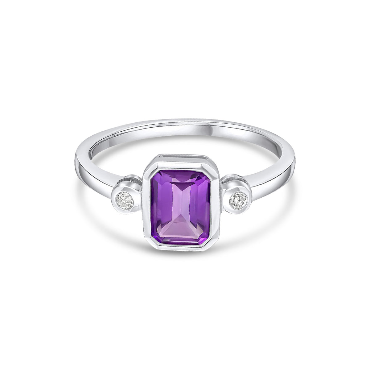 9ct White Gold Octagonal Emerald Cut Natural Amethyst and Diamond Three Stone Ring