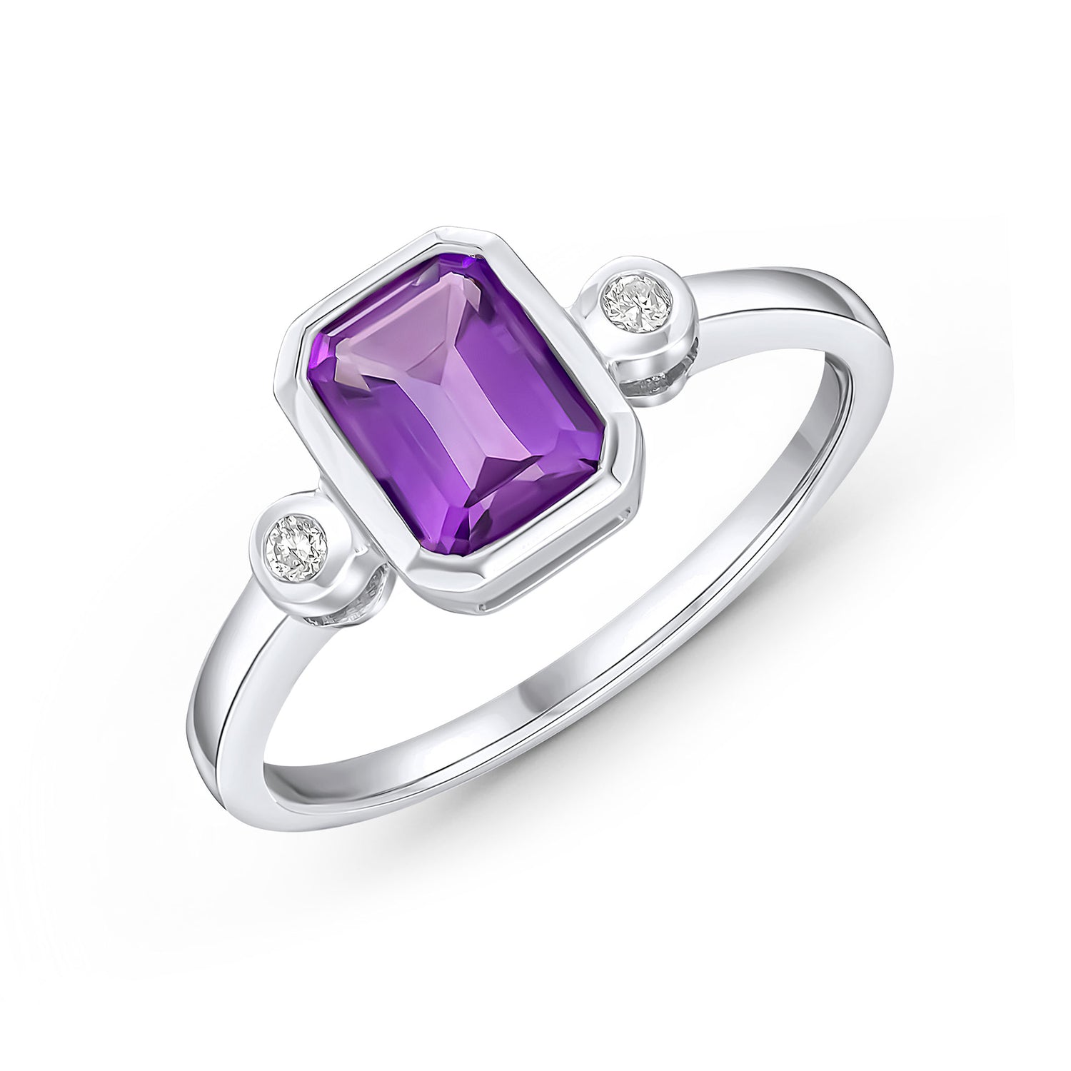 9ct White Gold Octagonal Emerald Cut Natural Amethyst and Diamond Three Stone Ring — 7x5mm