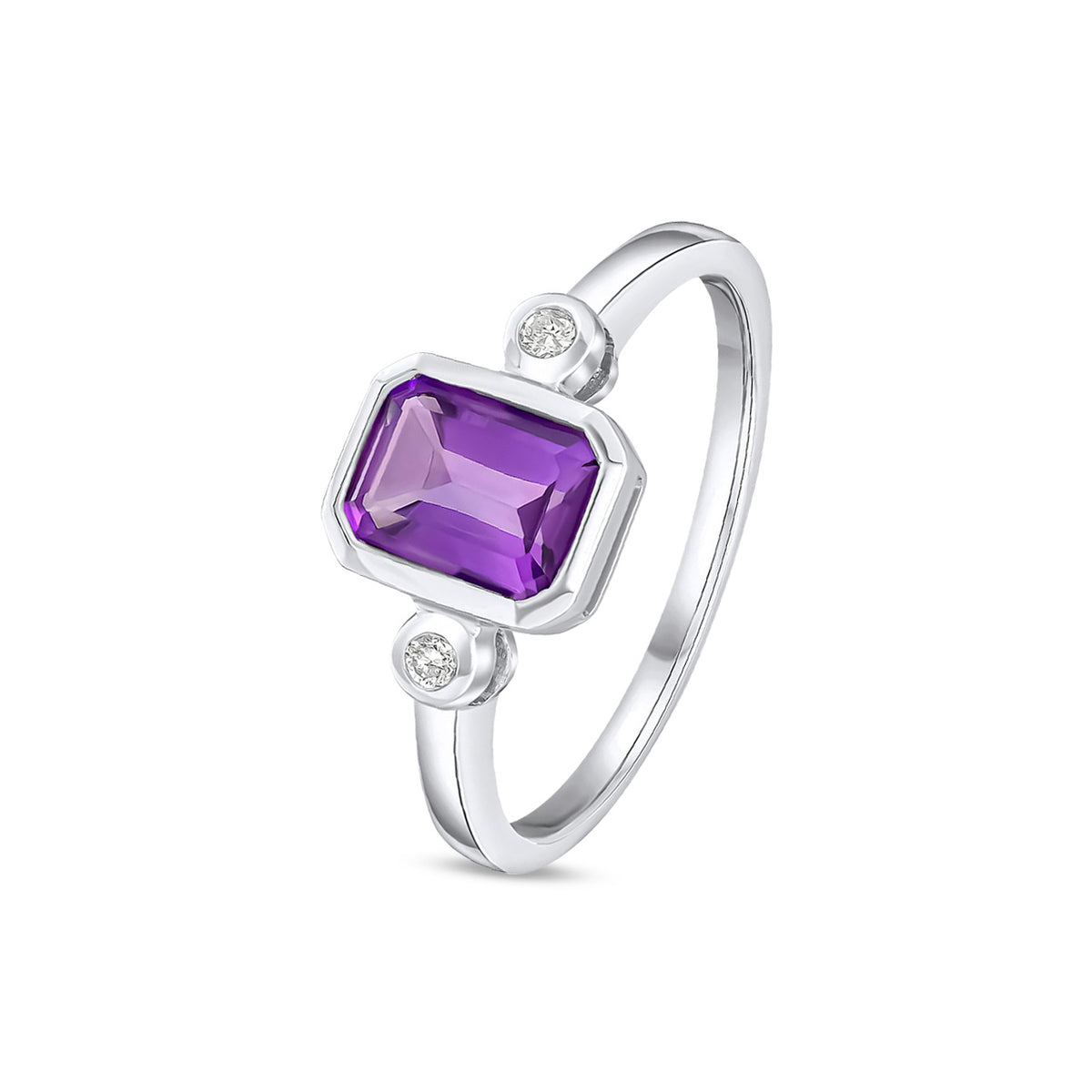 9ct White Gold Octagonal Emerald Cut Natural Amethyst and Diamond Three Stone Ring