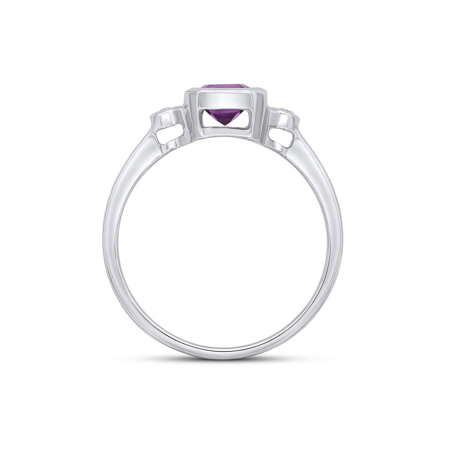 9ct White Gold Octagonal Emerald Cut Natural Amethyst and Diamond Three Stone Ring — 7x5mm