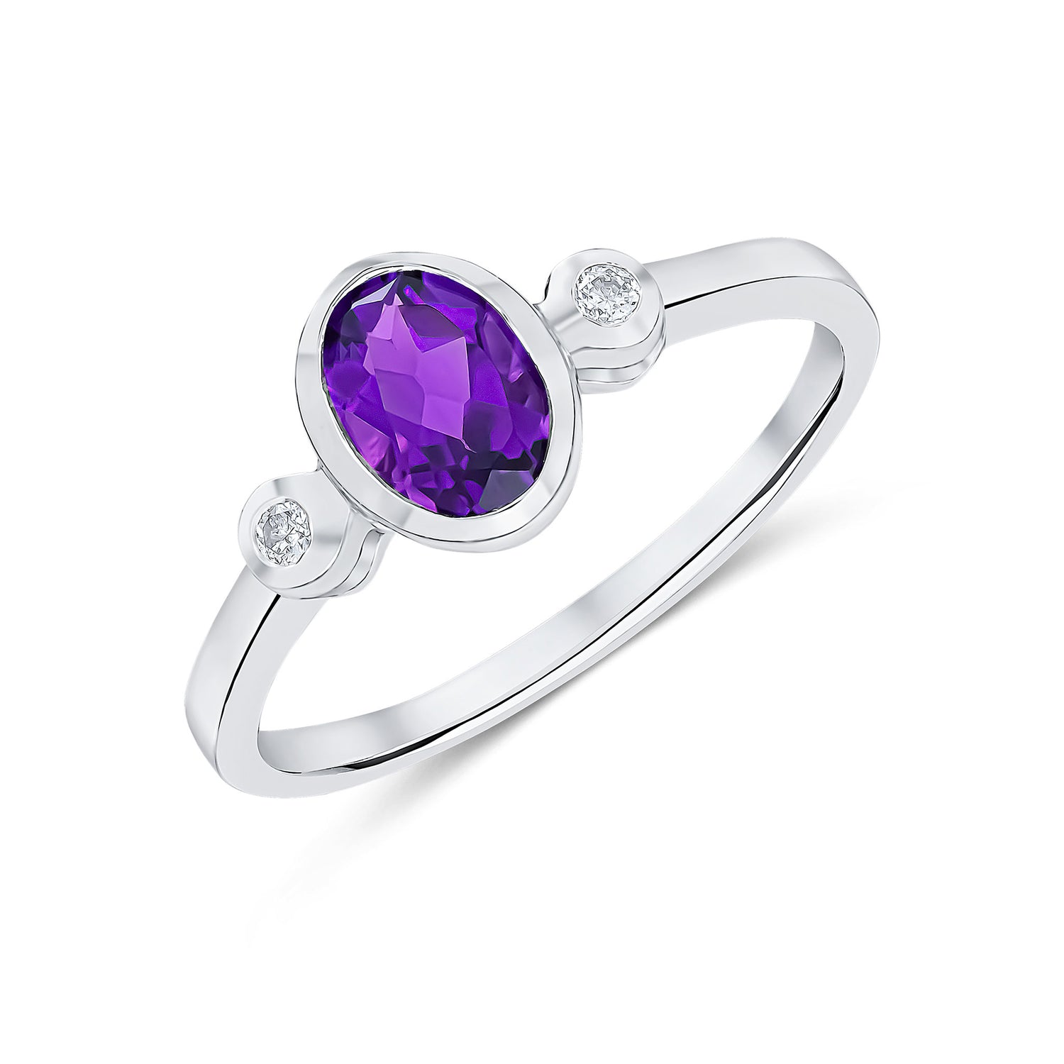 9ct White Gold Oval Natural Amethyst and Diamond Three Stone Rubover Ring