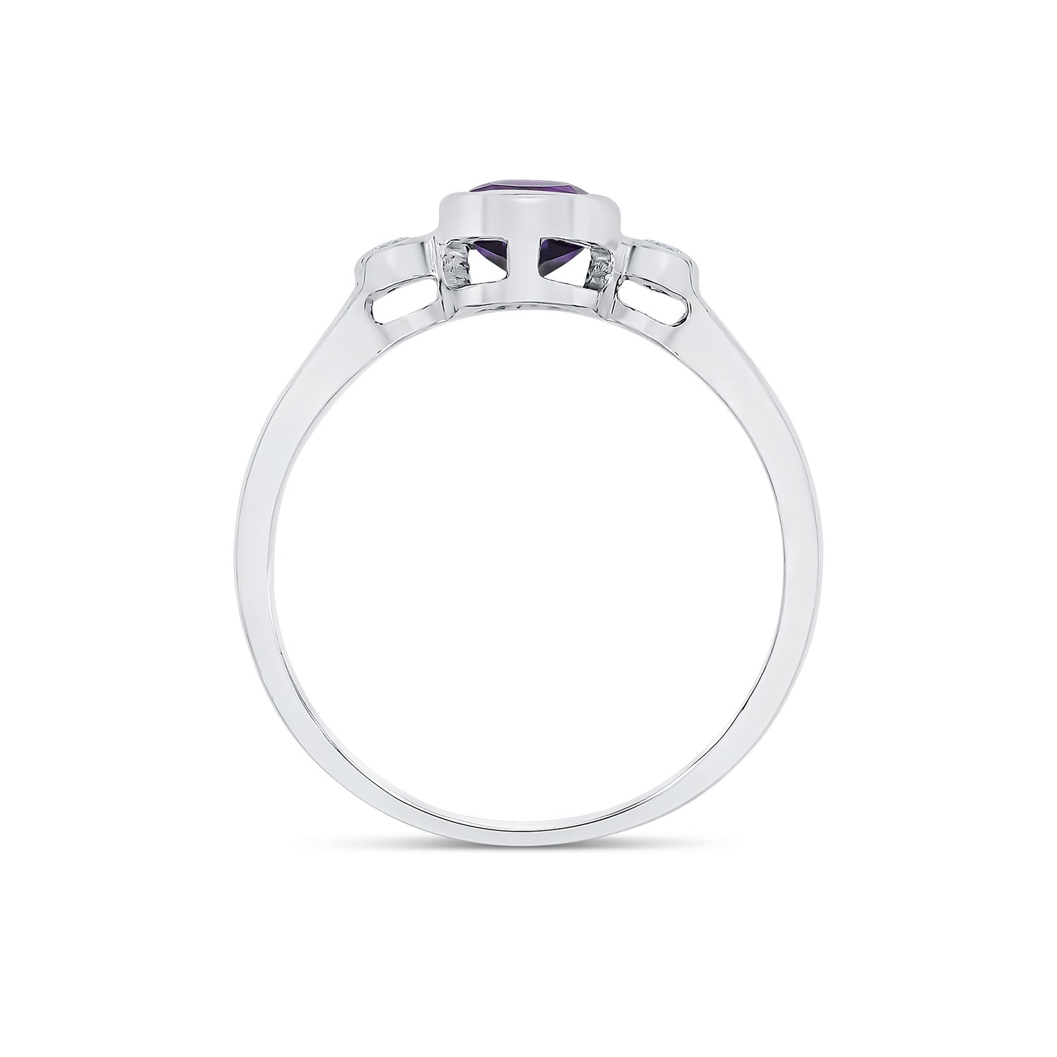 9ct White Gold Oval Natural Amethyst and Diamond Three Stone Rubover Ring