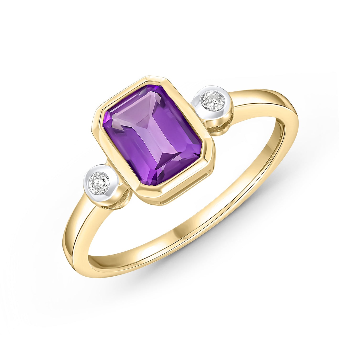 9ct Yellow Gold Octagonal Emerald Cut Natural Amethyst and Diamond Three Stone Ring — 7x5mm
