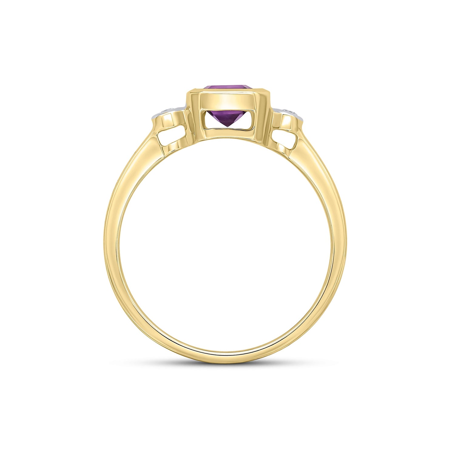 9ct Yellow Gold Octagonal Emerald Cut Natural Amethyst and Diamond Three Stone Ring — 7x5mm