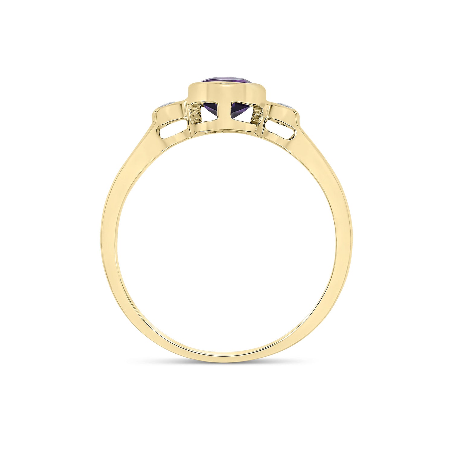 9ct Yellow Gold Oval Natural Amethyst and Diamond Three Stone Rubover Ring