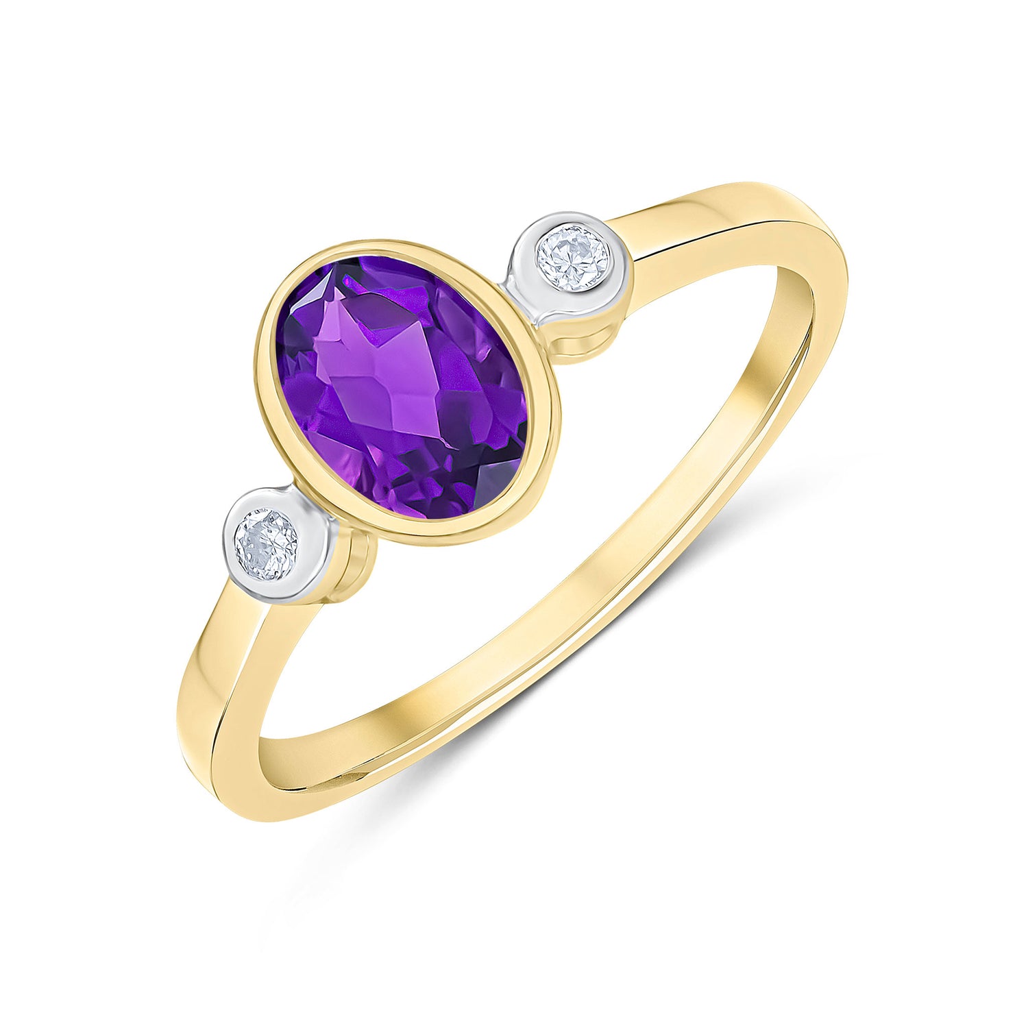9ct Yellow Gold Oval Natural Amethyst and Diamond Three Stone Rubover Ring
