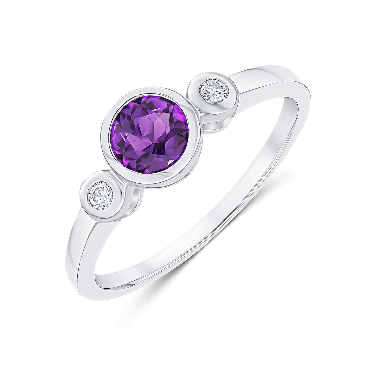 9ct White Gold Round Rubover Natural Amethyst & Natural Diamond Three Stone Ring — 5mm