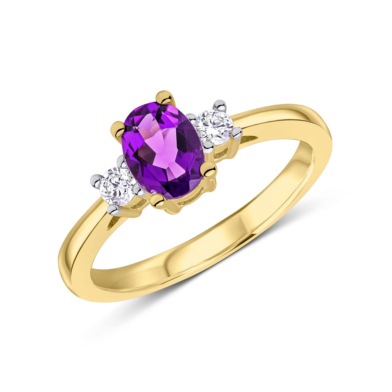 9ct Yellow Gold Oval Amethyst and Round Diamond Claw Set Three Stone Ring — 7x5mm