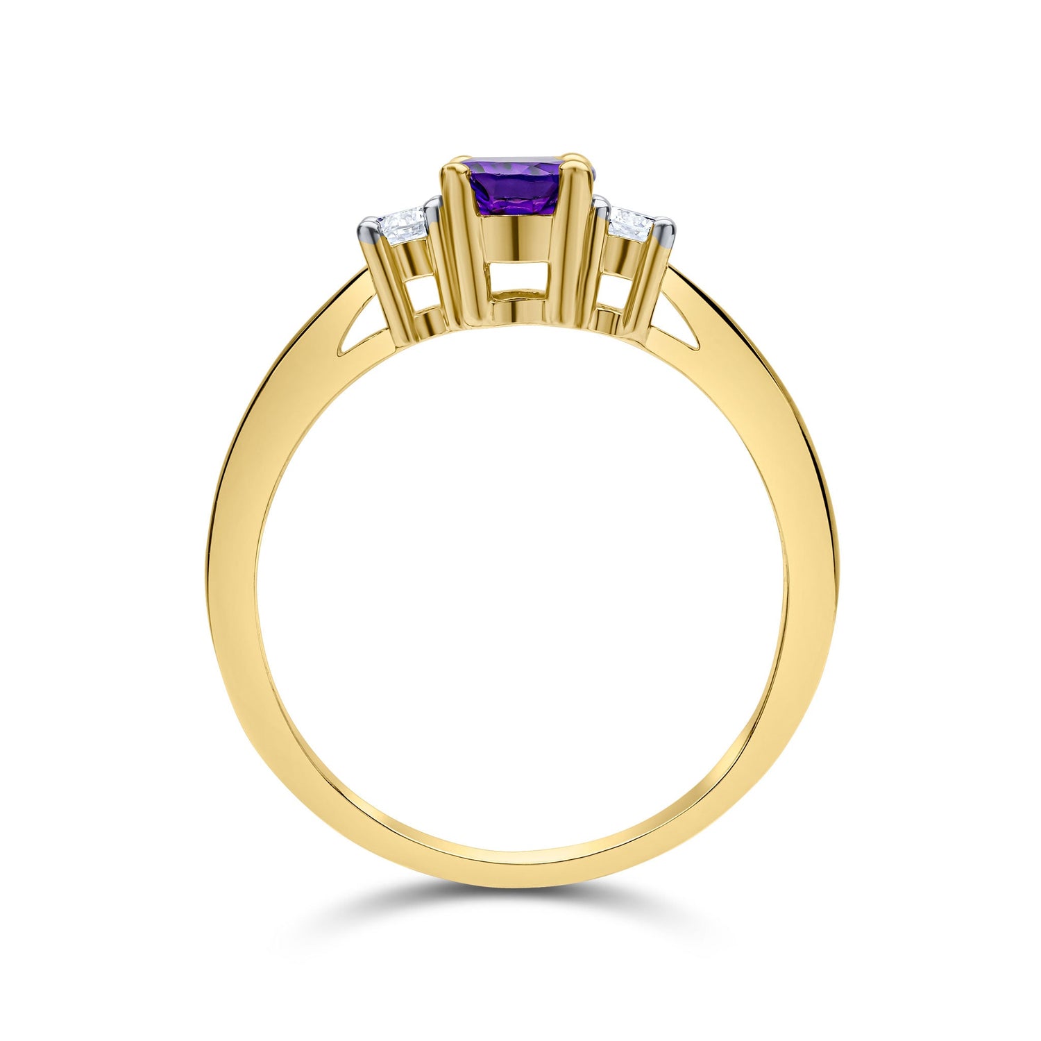 9ct Yellow Gold Oval Amethyst and Round Diamond Claw Set Three Stone Ring — 7x5mm